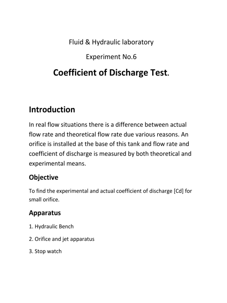 Coefficient of Discharge Test. PDF Dynamics (Mechanics) Fluid