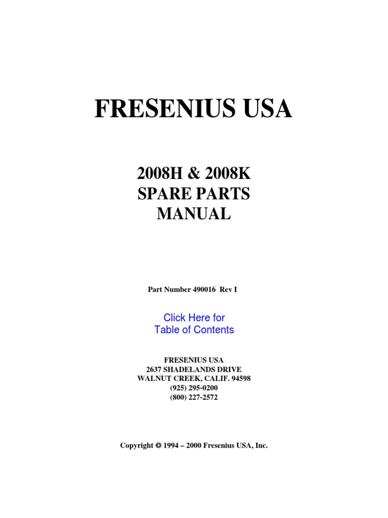 spare Parts Manual for Fresenius 2008H and 2008K dialysis machine