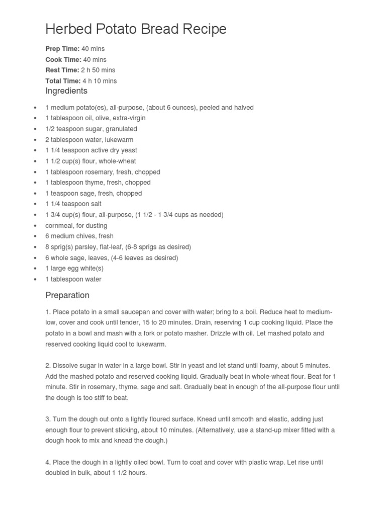 Herbed Potato Bread Recipe Ingredients PDF Dough Teaspoon