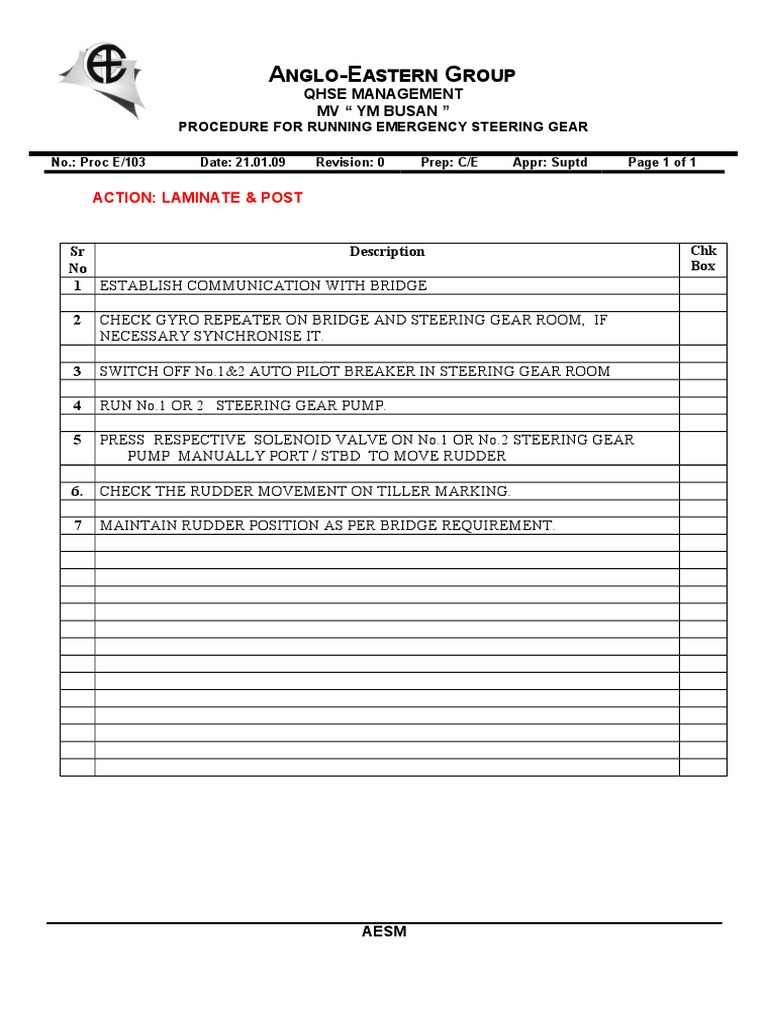 E103procedure For Running Emergency Steering Gear PDF