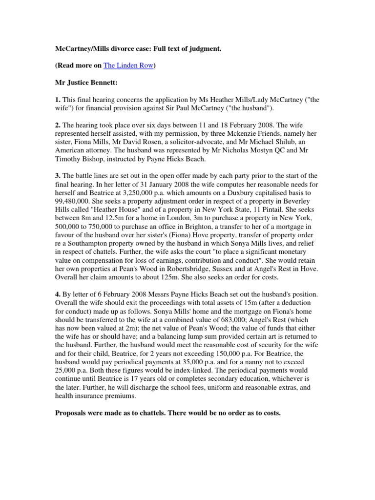 McCartney/Mills Divorce Judgment Summary PDF Loans Divorce