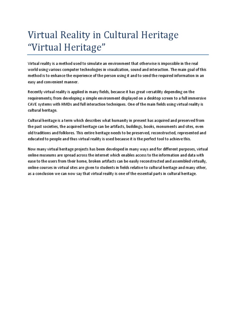 Virtual Reality in Cultural Heritage | PDF