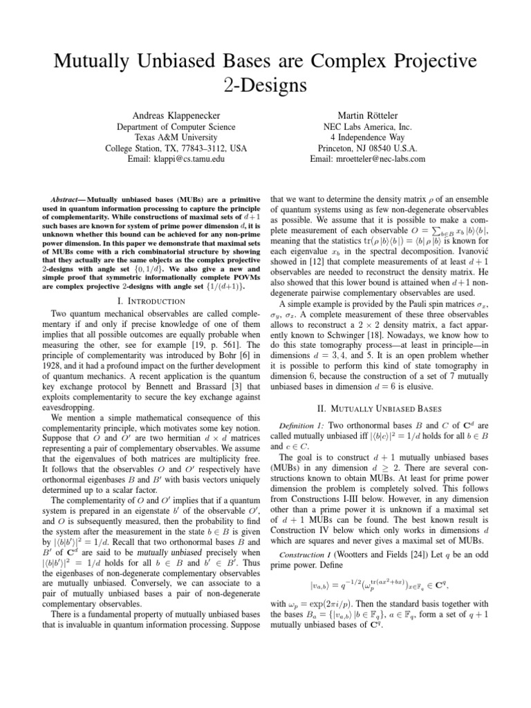 Mutually Unbiased Bases as 2-Designs | PDF | Vector Space | Basis ...