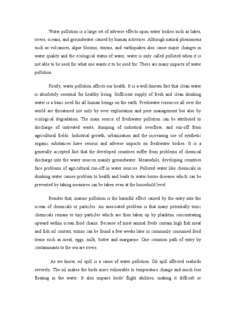 Essay Impact of Water Pollution PDF Oil Spill Water Pollution