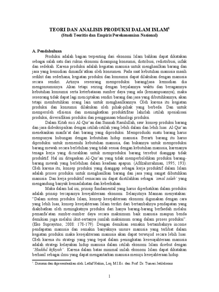 Teori Produksi Dalam Islam Teori Produksi Dalam Islam