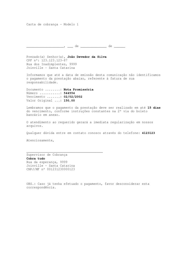 Modelos de Cartas de Cobranca | PDF | Nota promissória comercial  (investimentos) | Dinheiro, image size:768x1024