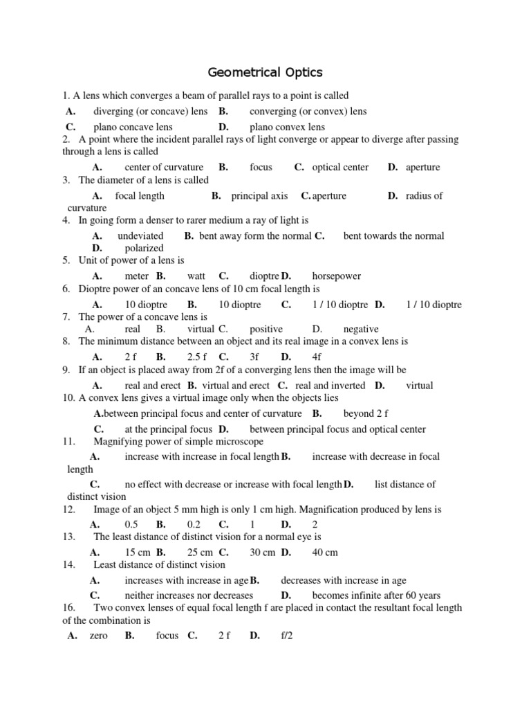Optics Worksheet PDF Lens (Optics) Optics