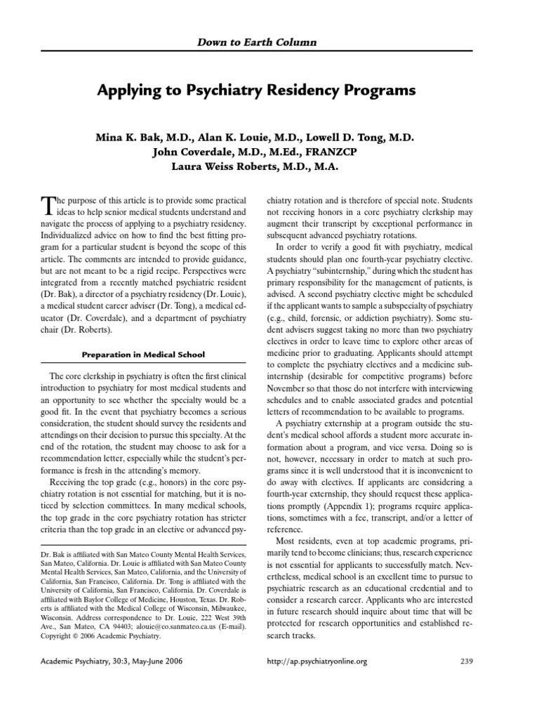 Applying to Psychiatry Residency Programs Residency (Medicine