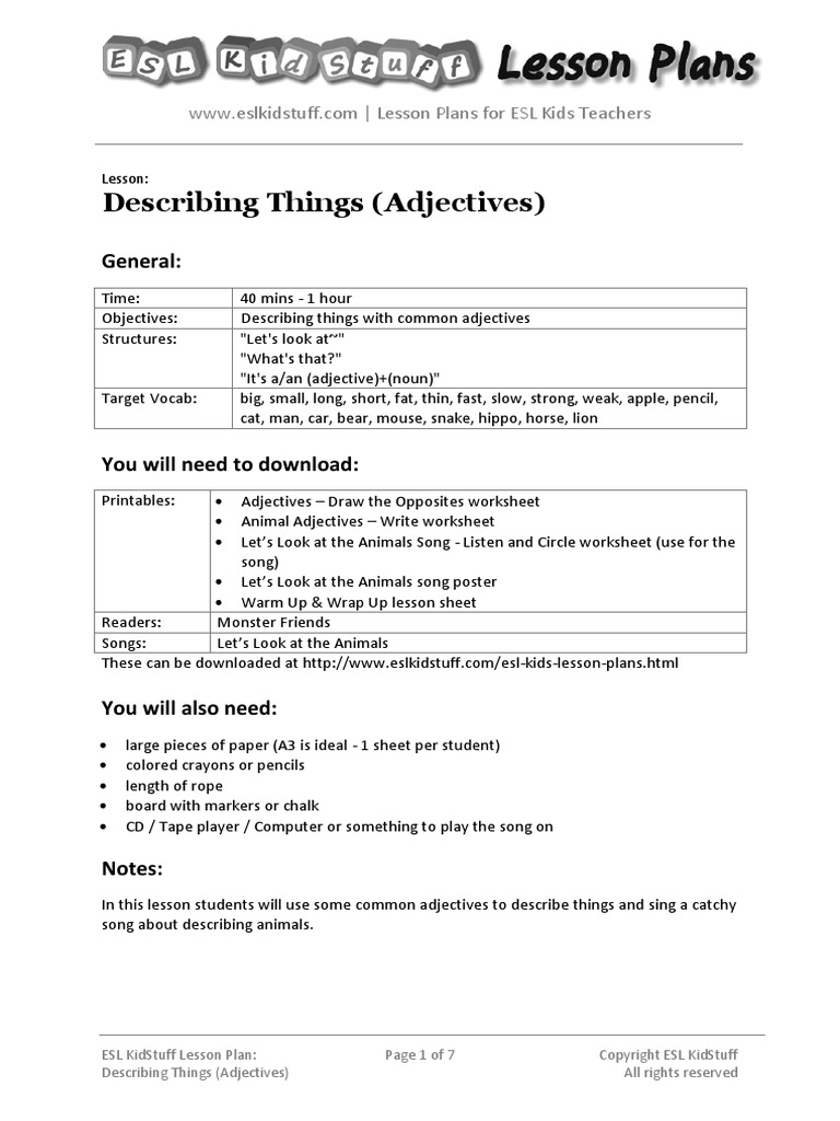 Adjectives Lesson Plan | PDF | Song Structure | Lesson Plan