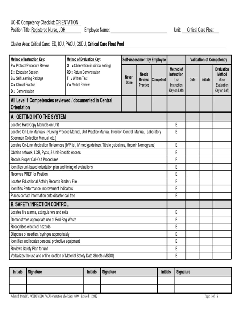 Float Pool Orientation RN Critical Care Competency Checklist