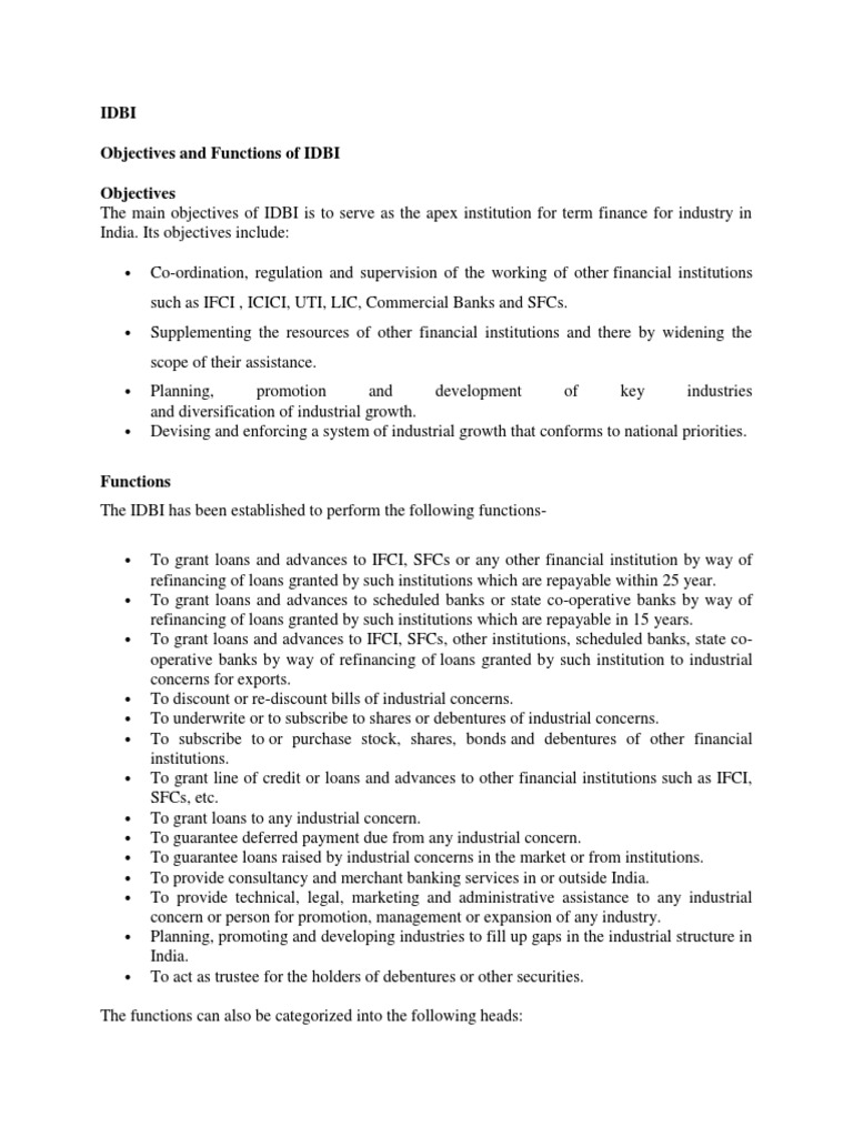 Idbi Objectives and Functions of IDBI Objectives PDF Loans Banks
