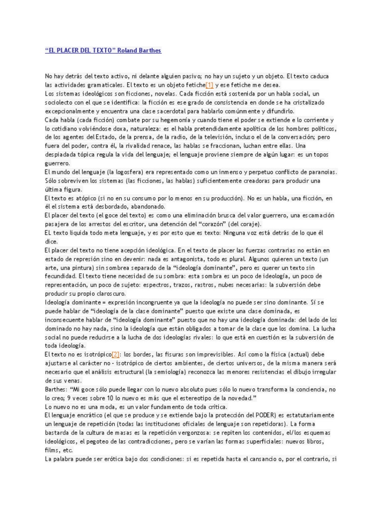 "EL PLACER DEL TEXTO" Roland Barthes - Google Drive PDF | PDF ...
