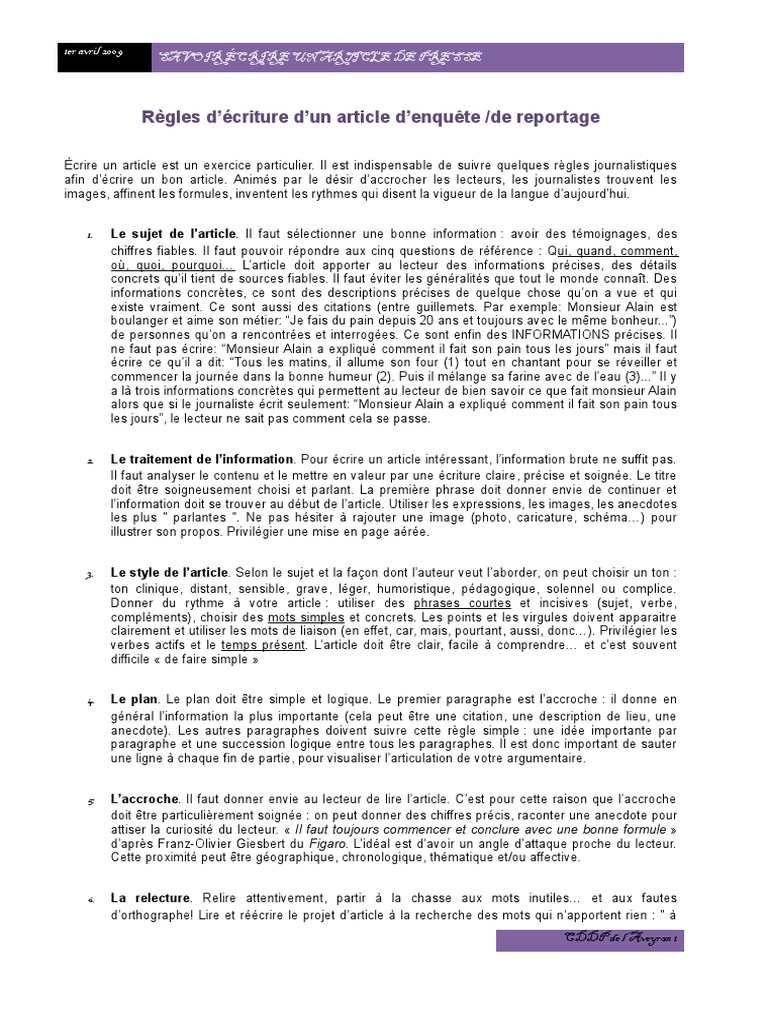 Savoir Écrire Un Article d’Enquête, De Reportage  Journalisme