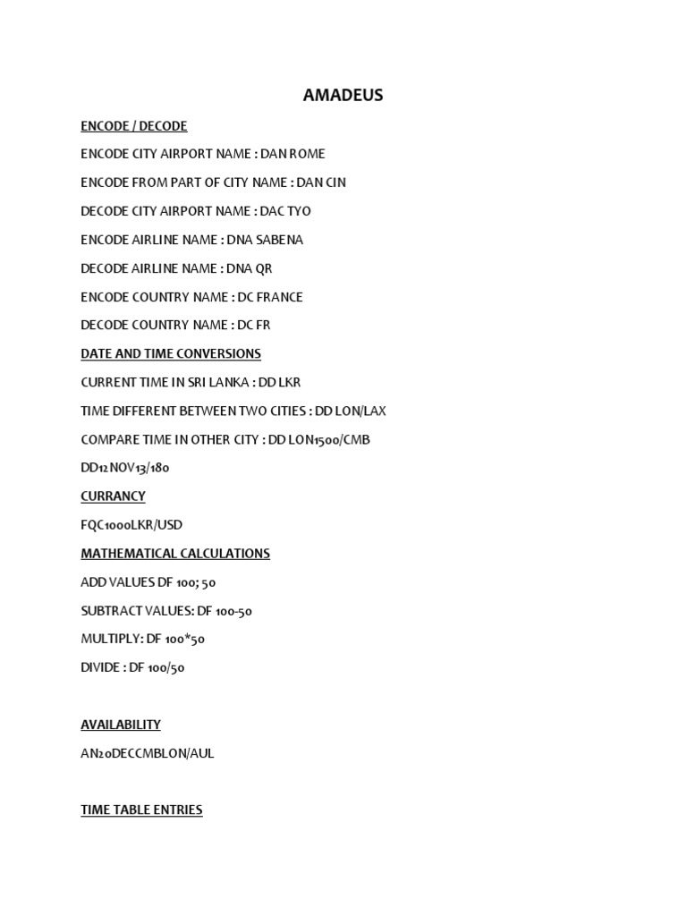 Amadeus Commands and Codes Guide | PDF