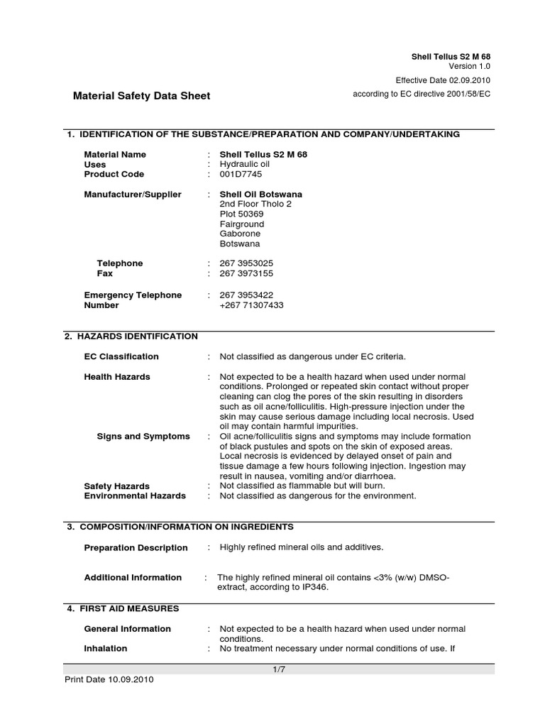 Shell Tellus S2 M 68 MSDS Overview | PDF | Personal Protective ...