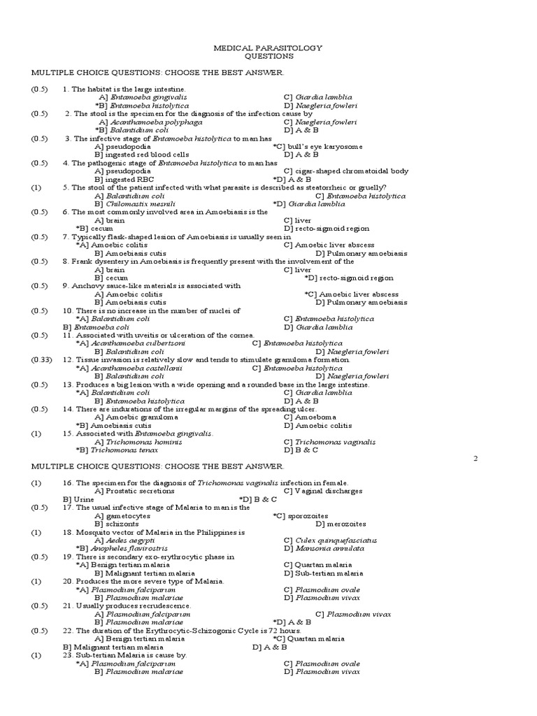 Medical Parasitology Exam Questions | PDF | Plasmodium | Parasitology