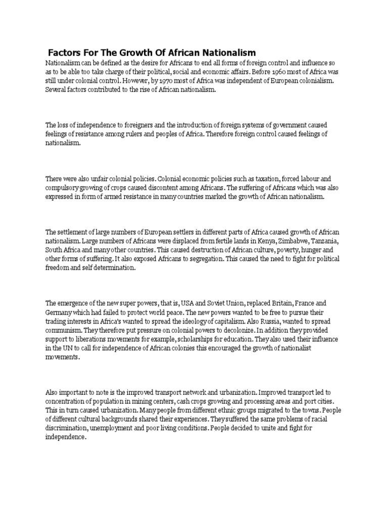 Factors for the Growth of African Nationalism History Pan Africanism