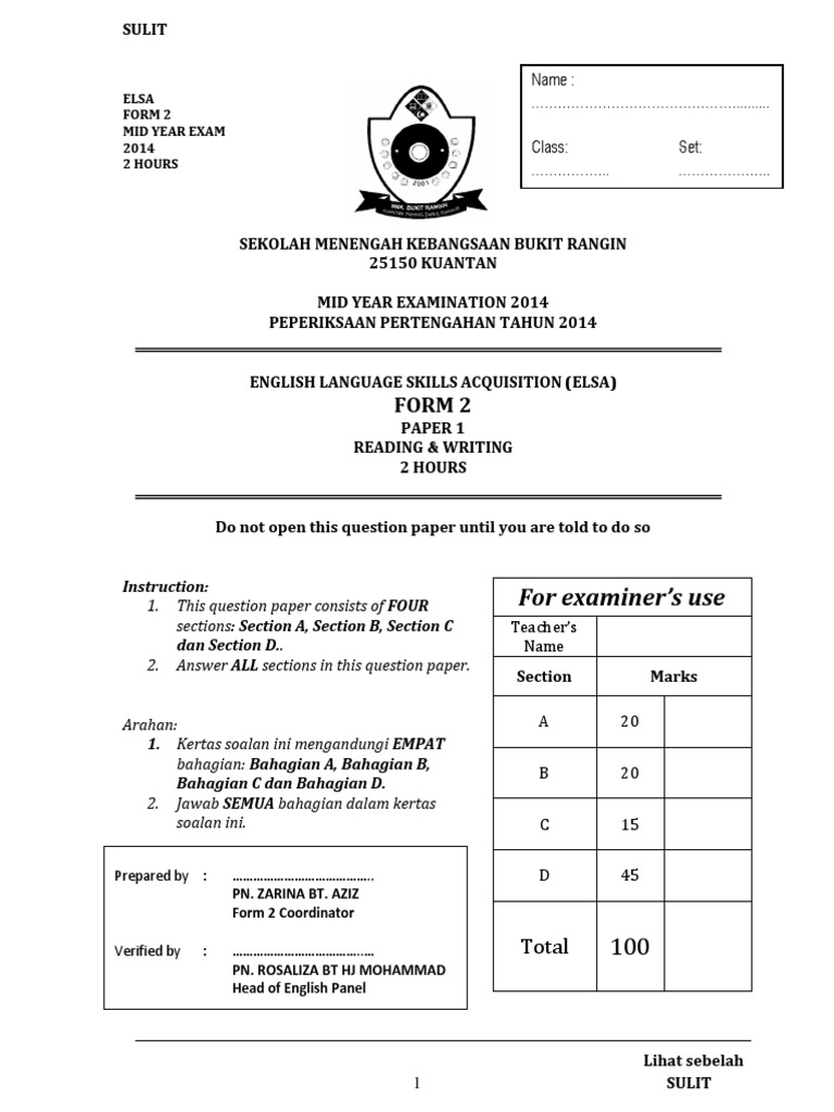 Form 2 English Mid-year 2014 Examination (PT3 Formatted 