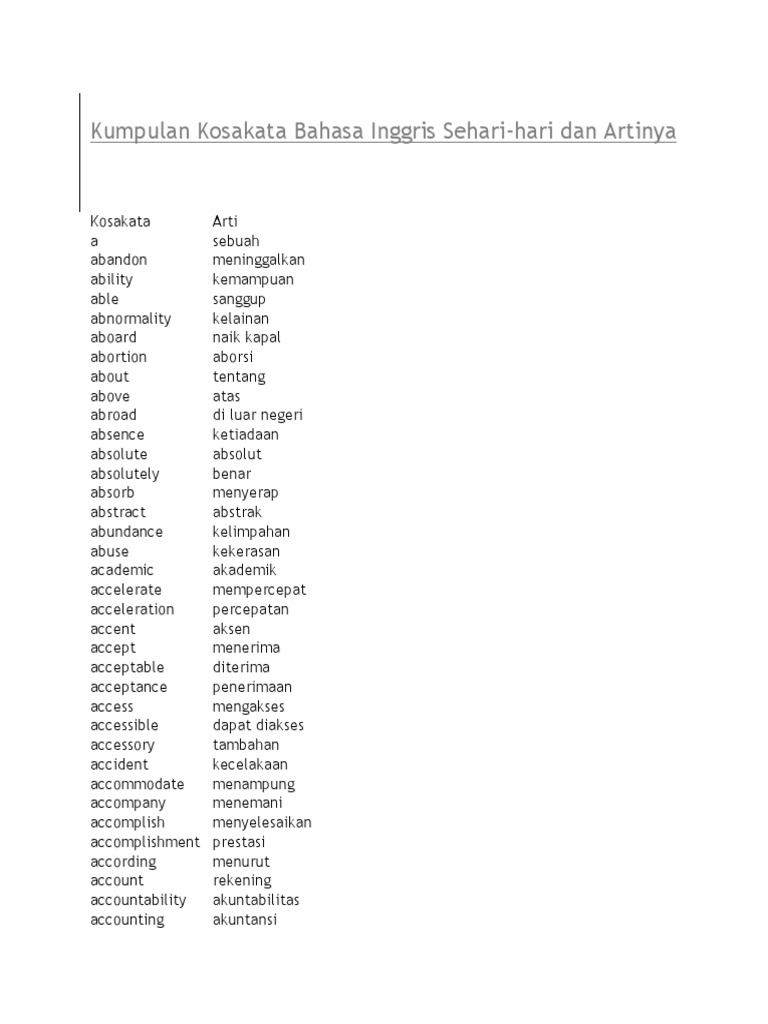 Kumpulan Kosakata Bahasa Inggris Sehari Kumpulan Kosakata Bahasa Inggris Sehari