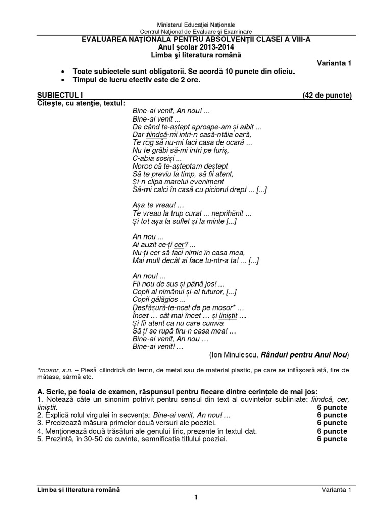 Subiecte Si Barem Evaluarea Nationala 2014 Limba Romana