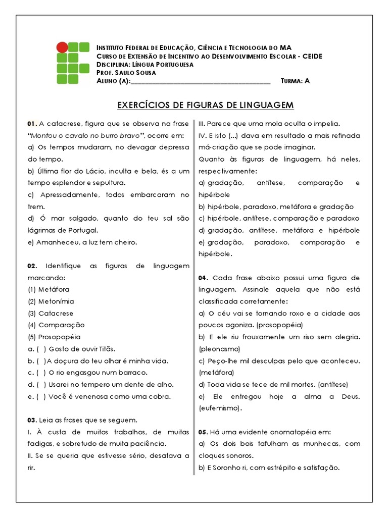 Exercicios de Figuras de Linguagem | PDF | Técnicas de Retórica | Metáfora