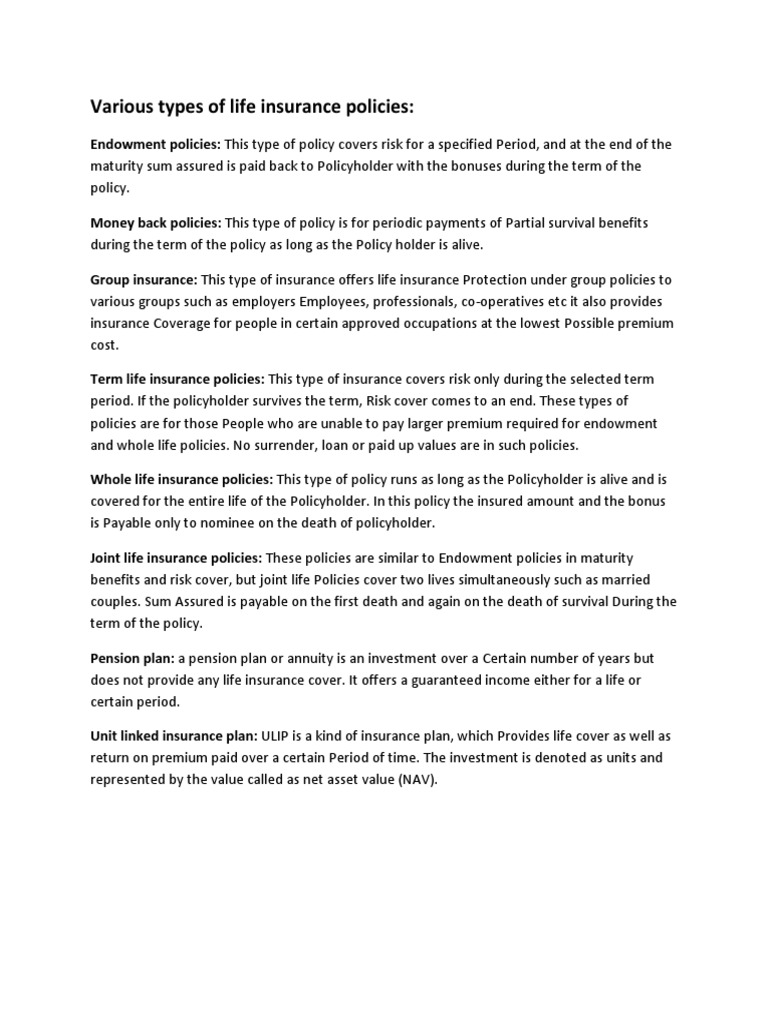 various types of life insurance policies | life insurance