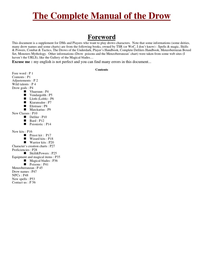 Drow Character Manual for D&D | PDF