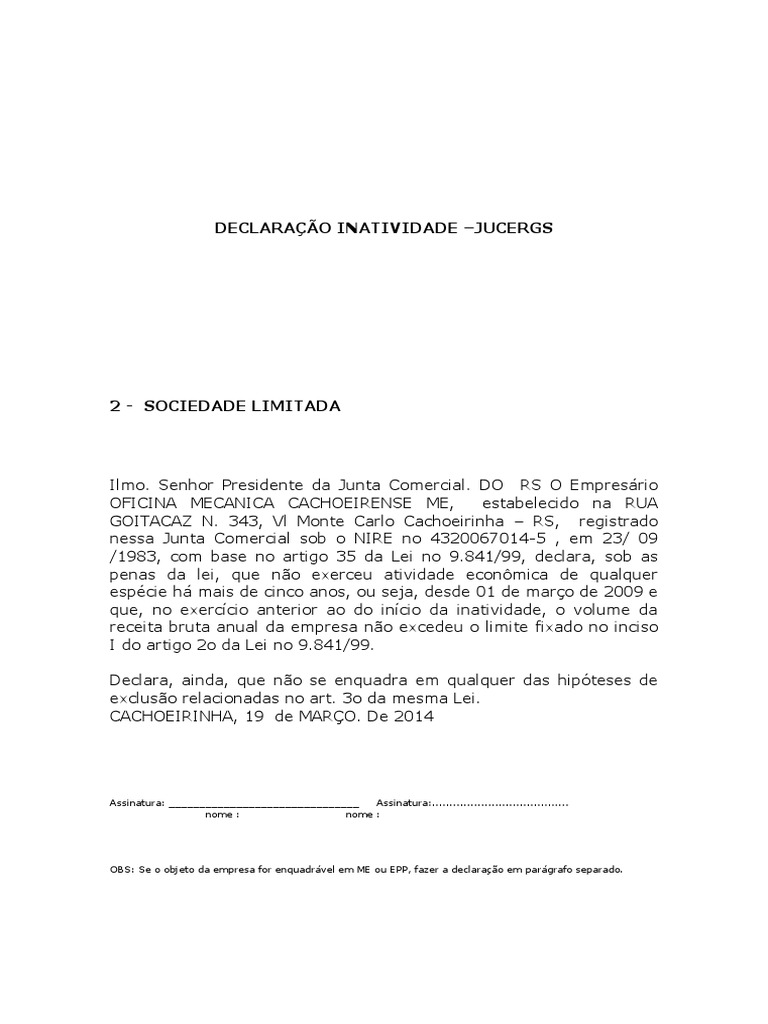 Declaração Inatividade Jucergs | PDF
