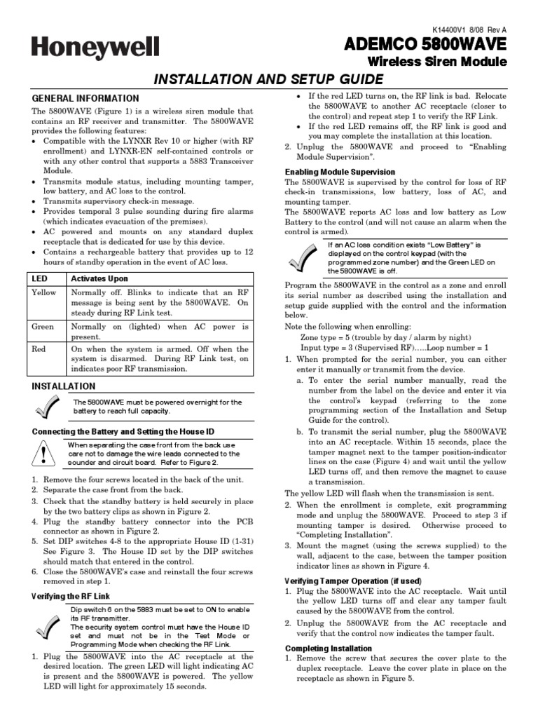 Honeywell 5800WAVE Installation Guide | PDF