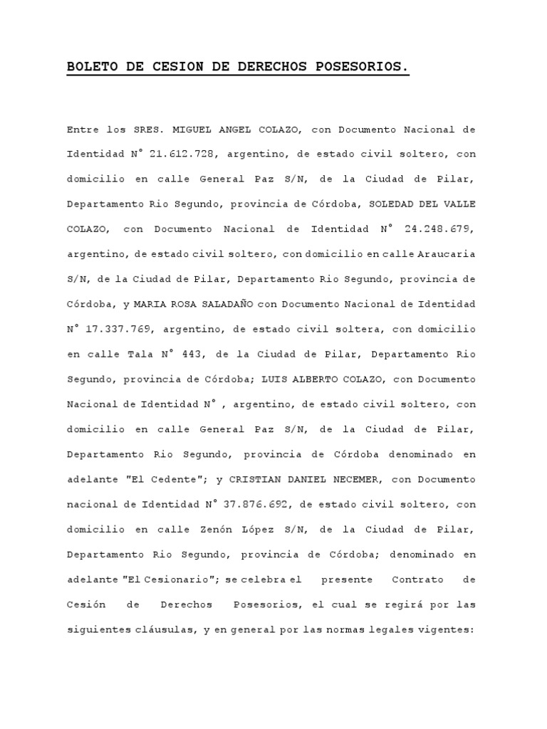 Boleto de Cesion de Derechos Posesorios | PDF | Gobierno