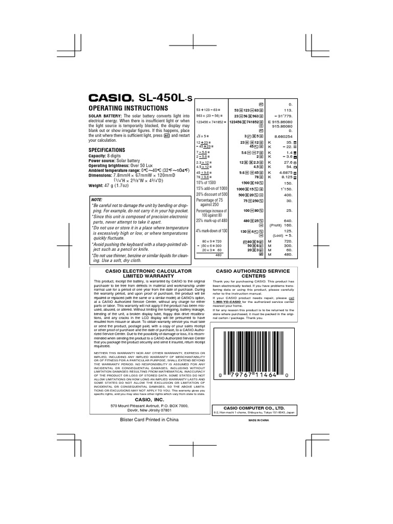 Casio Calculator Warranty Information | PDF
