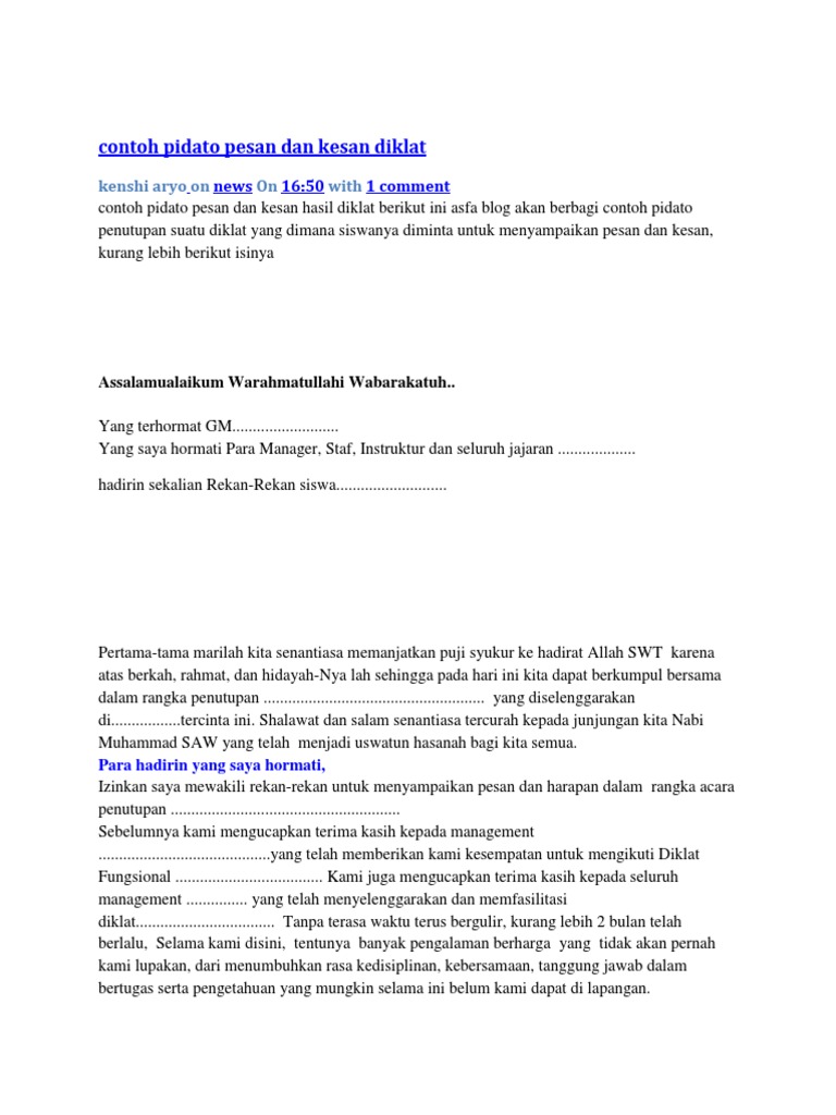Contoh Pidato Pesan Dan Kesan Diklat