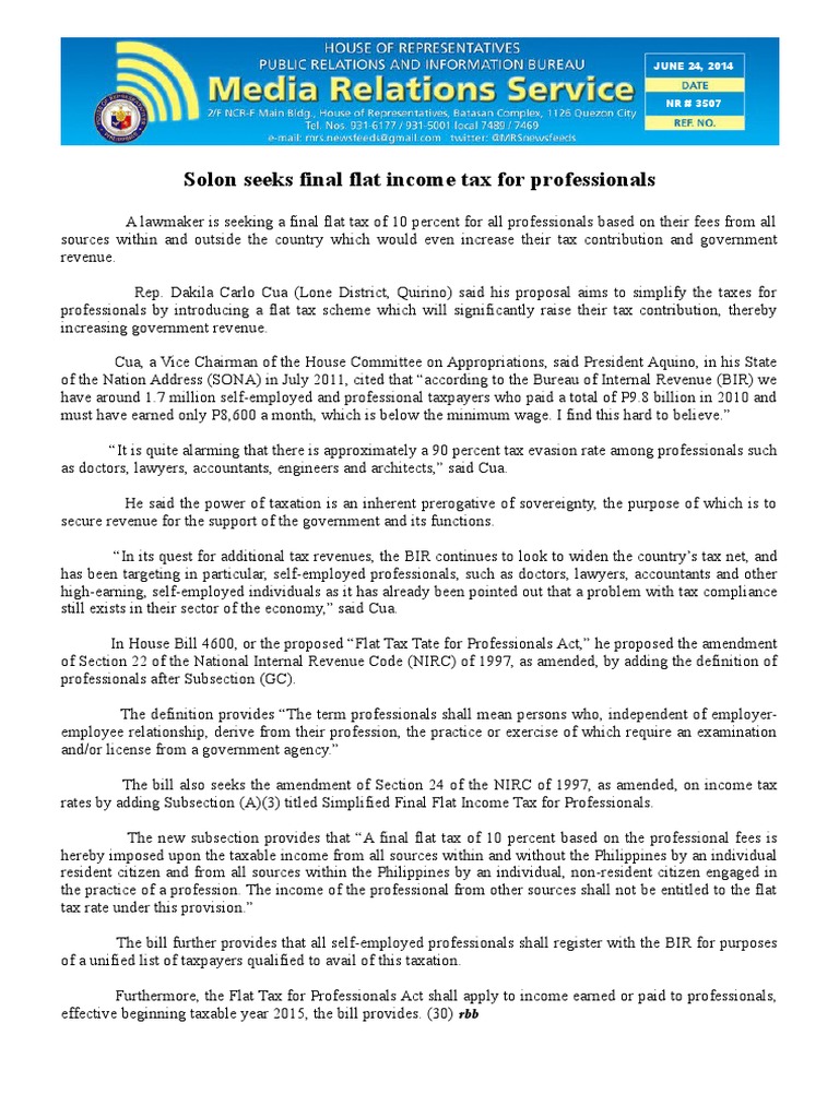 Solon Seeks Final Flat Tax For Professionals JUNE 24, 2014
