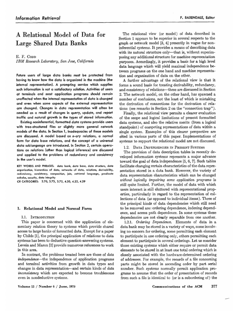 A Relational Model of Data Large Shared Data Banks For | PDF | Database ...