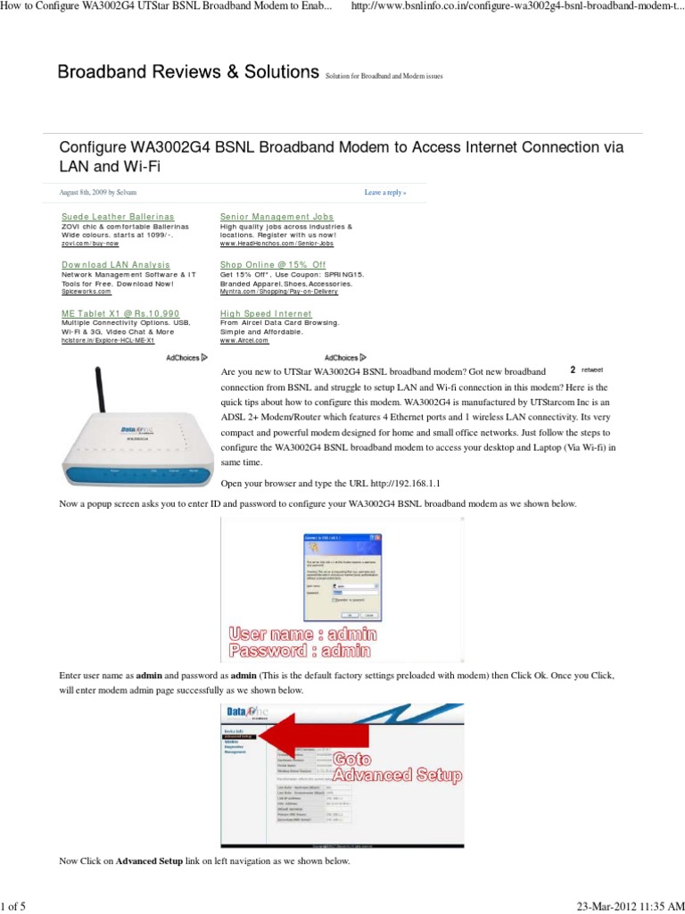 How To Configure WA3002G4 UTStar BSNL Broadband Modem To Enable Wi-Fi ...