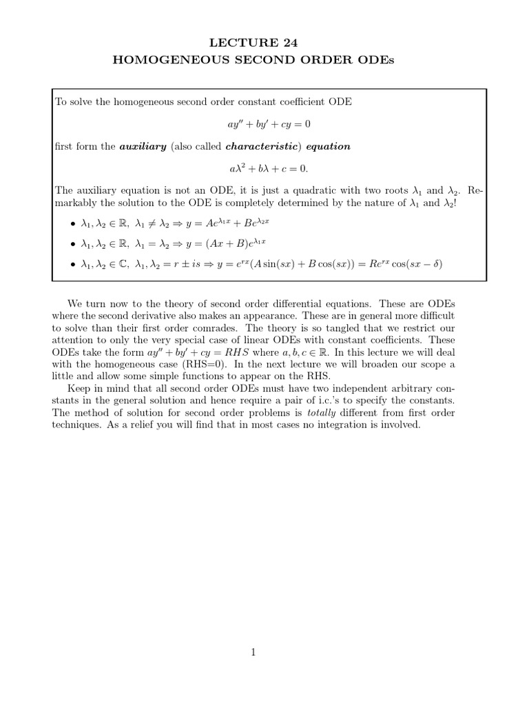 Student Lecture 24 Homogeneous Second Order ODEs | PDF | Ordinary ...