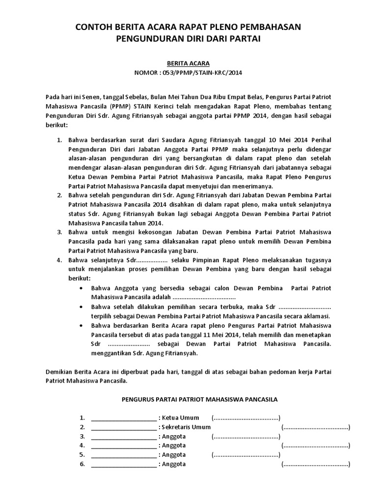 Berita Acara Pengunduran Diri Partai Docx