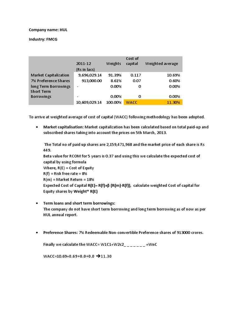 HUL WACC Calculation for 2011-12 | PDF | Finance & Money Management