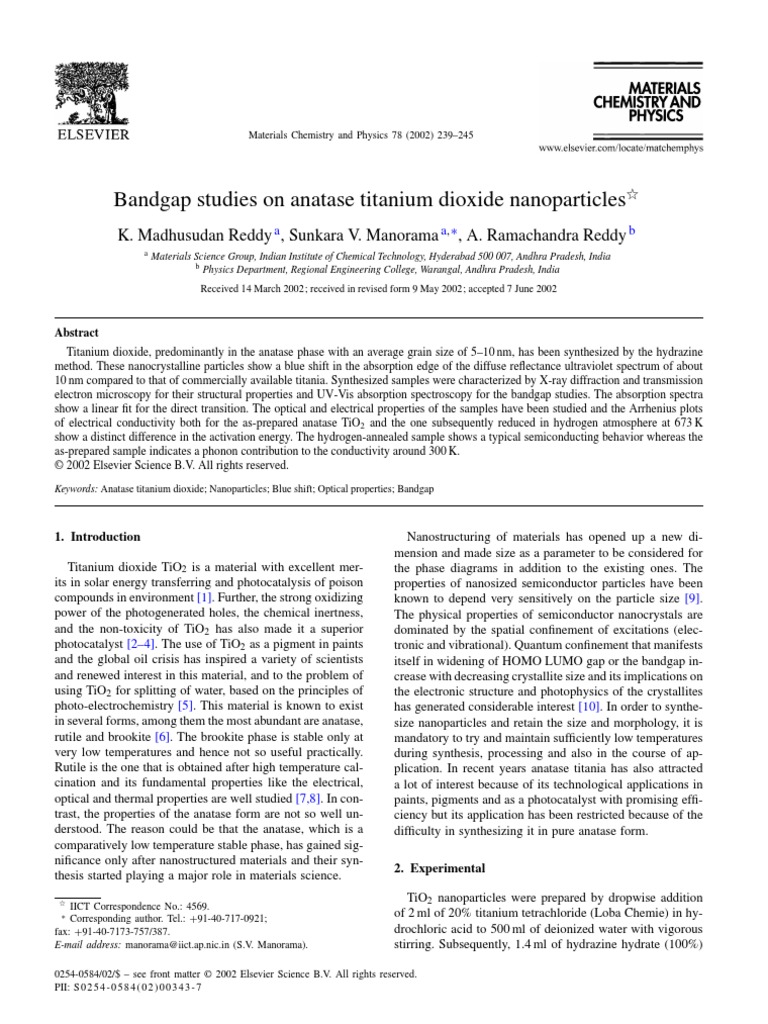 Band Gap Studies of Anatase Tio2 Nanoparticles | PDF | Titanium Dioxide ...