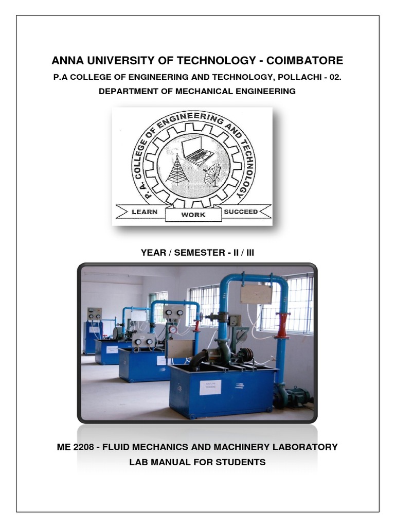 Fluid Mechanics Lab Manual for Students | PDF | Pump | Mechanical ...