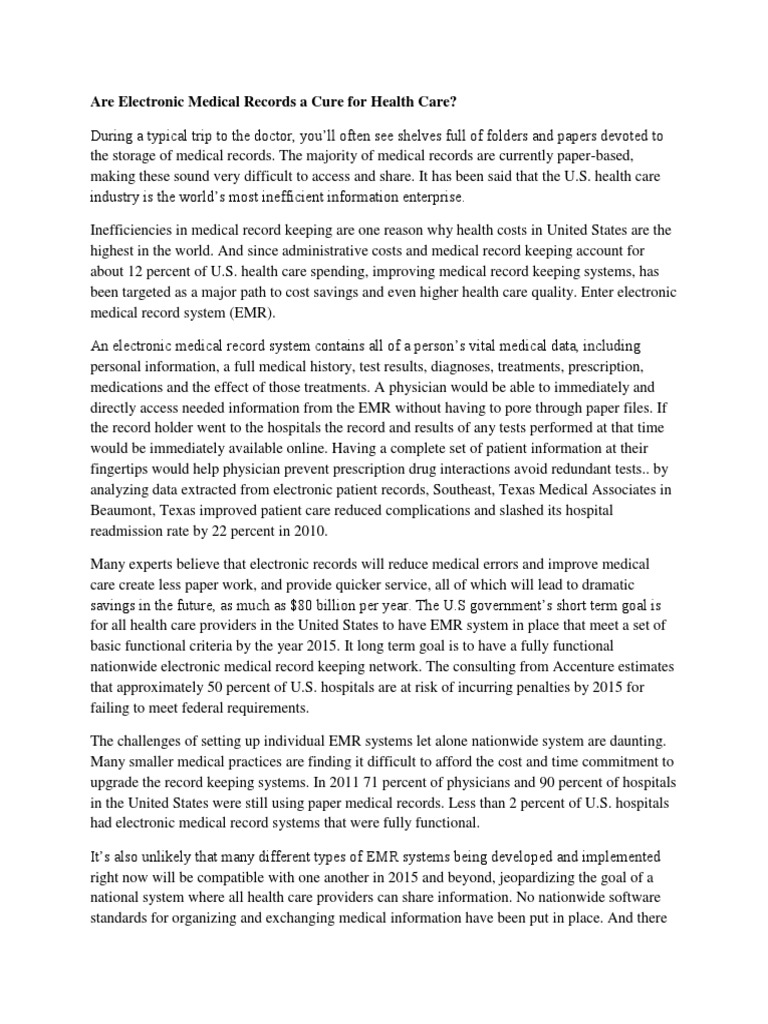 Are Electronic Medical Records A Cure For Health Care? Download Free