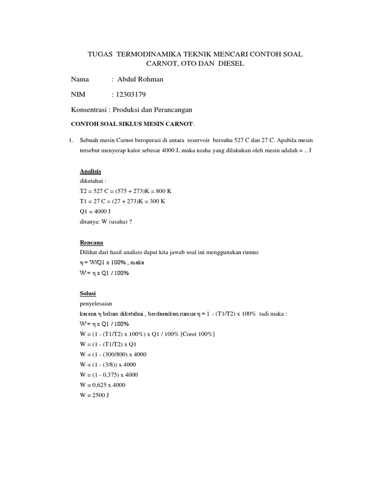 Tugas Termodinamika Teknik Mencari Contoh Soal Carnot
