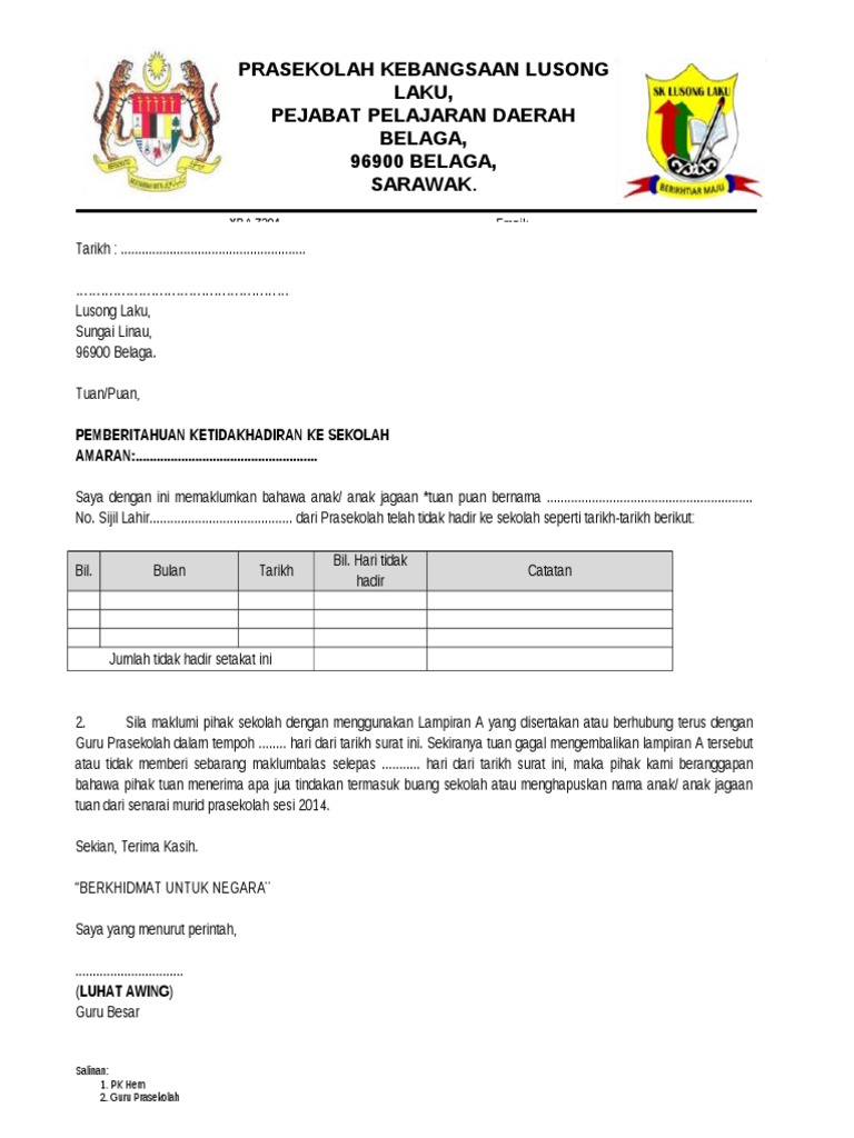 Surat Amaran Ketidakhadiran Murid Prasekolah Pdf