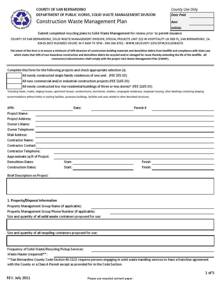 Construction Waste Management Plan County of San Bernardino Department