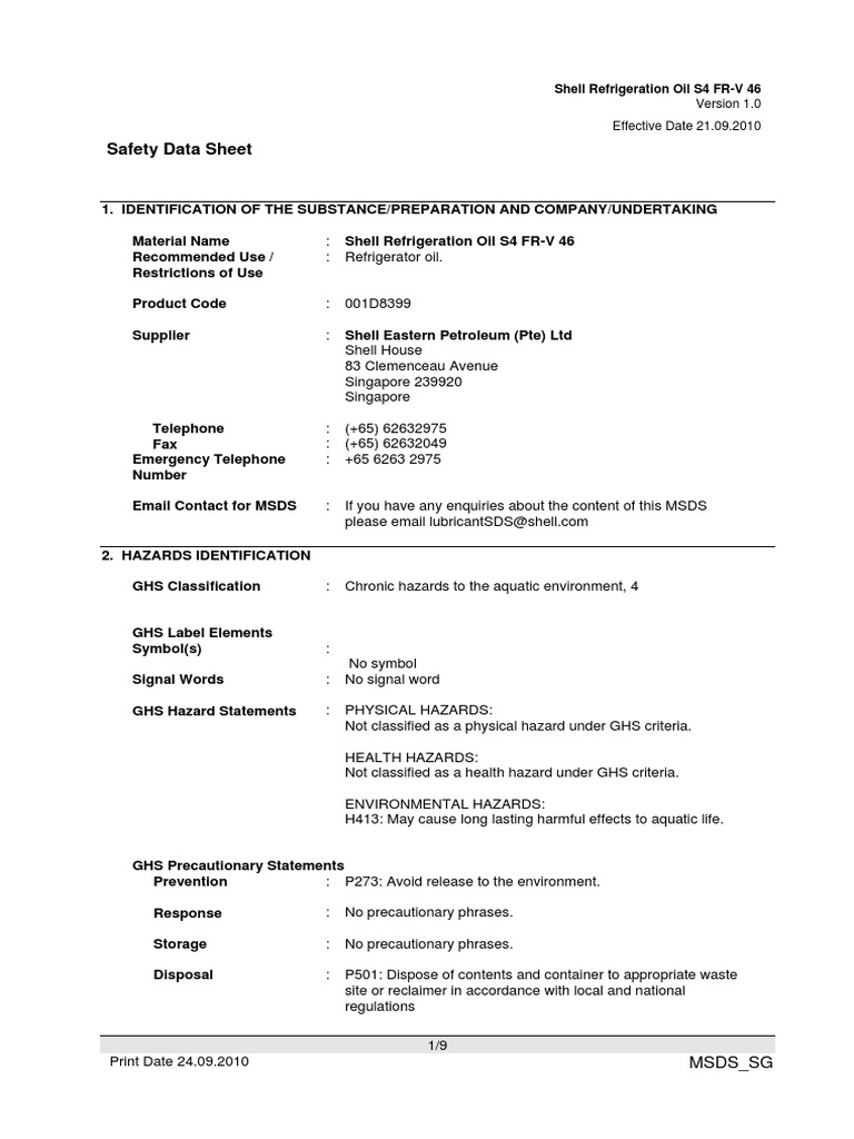 Refrigeration Oil S4 FRV 46 PDF Toxicity Safety
