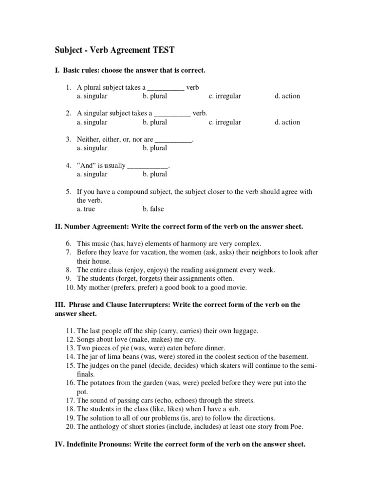 Subject-Verb Agreement Test Guide | PDF | Cigarette | Verb