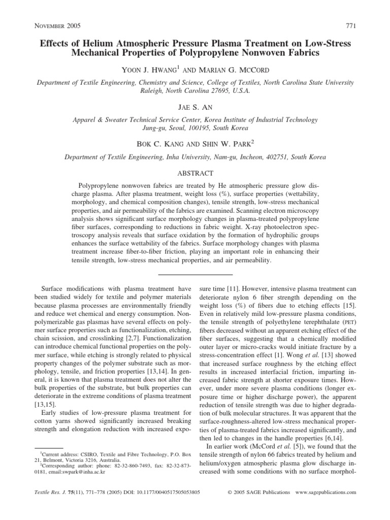 Effects of Helium Atmospheric Pressure Plasma Treatment On Low-Stress ...