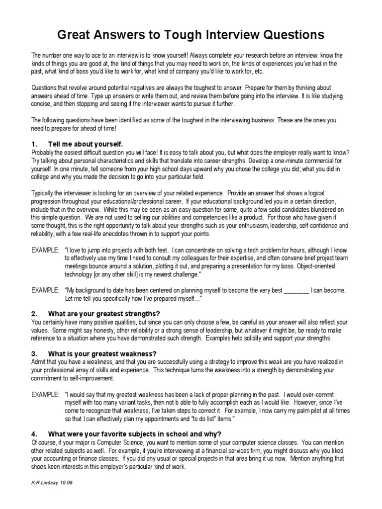 Tough Interview Questions Answered | PDF | Competence (Human Resources ...