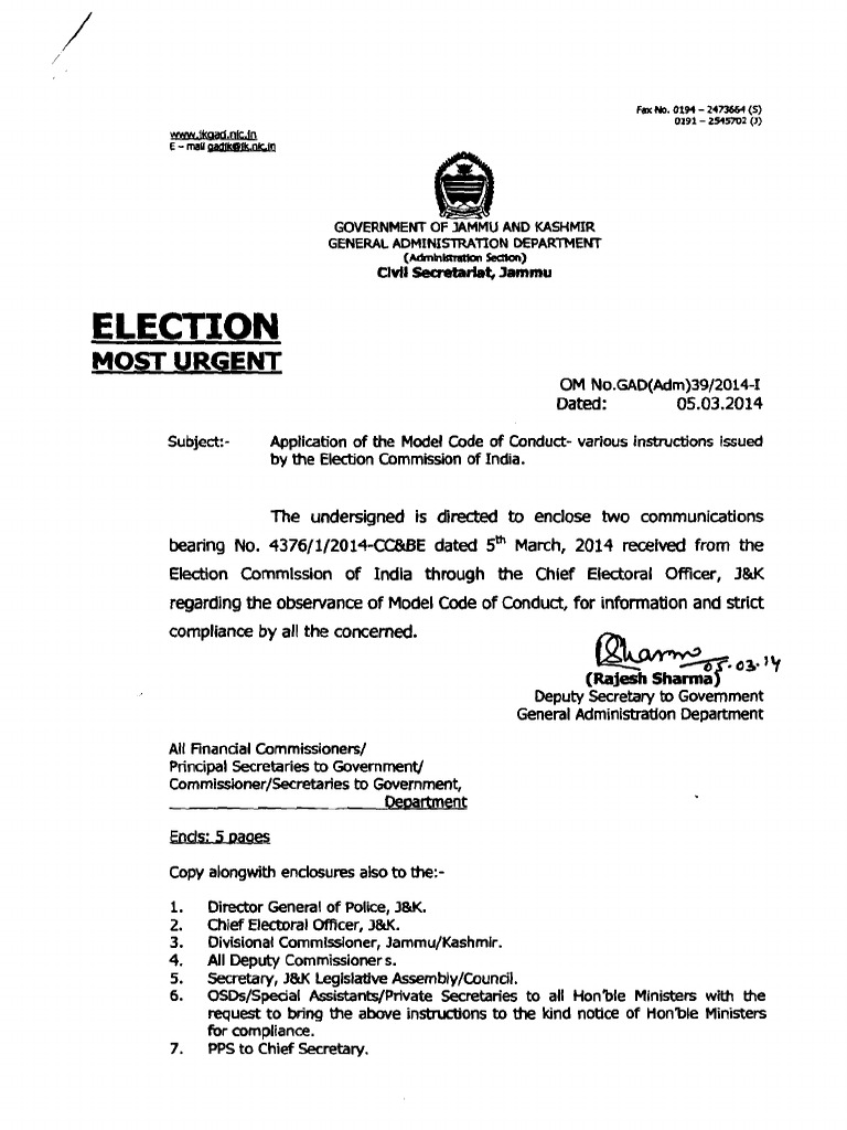 Model Code Conduct 2014 | PDF | Political Campaigns | Government Of India