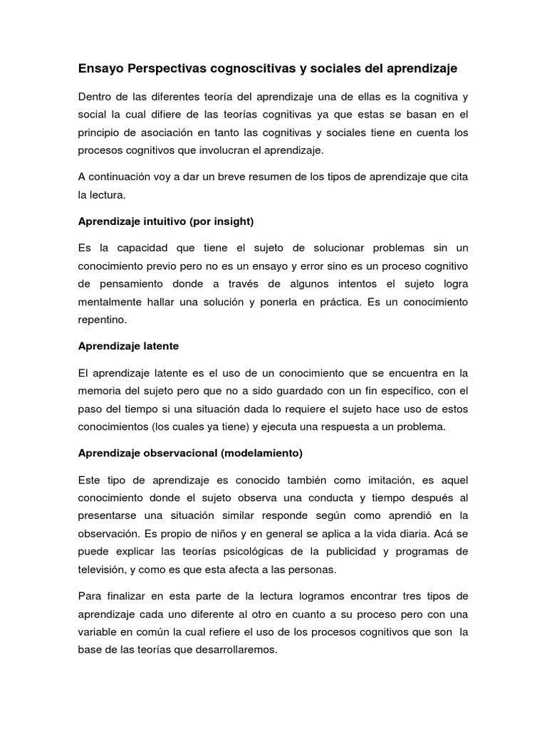 Ensayo Perspectivas Cognoscitivas y Sociales Del Aprendizaje | PDF ...